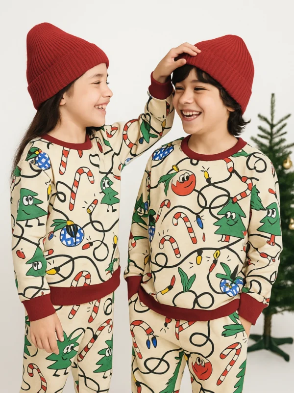 Pyjama Set: Beige Jolly Christmas Print Loungewear